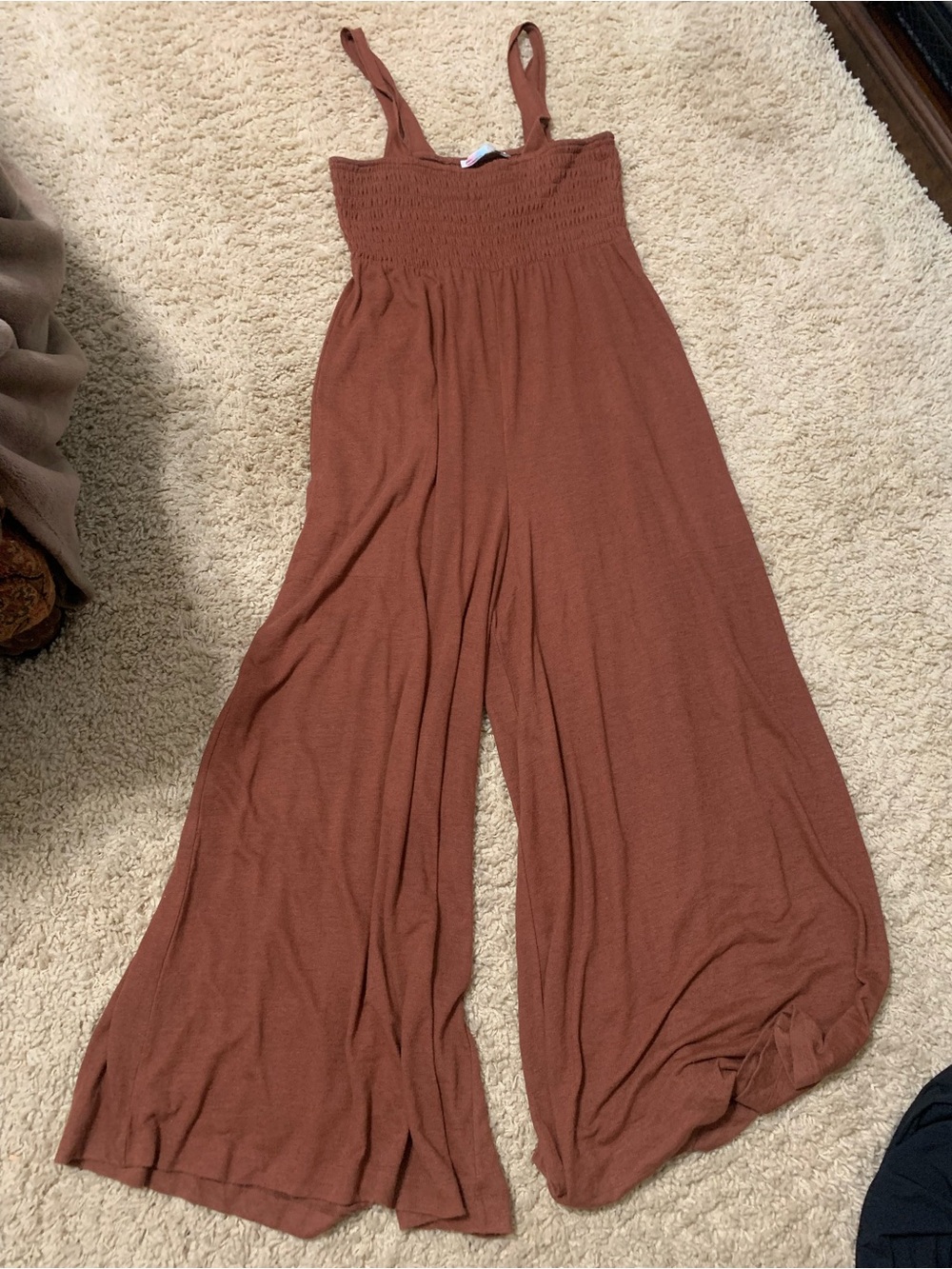 Free People Smocked Wide-Leg Jumpsuit — Rust Brown